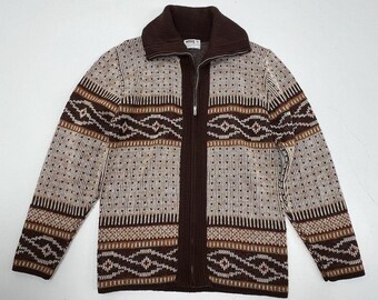 Vintage 70s Montgomery Ward Men's Cardigan Sweater Brown Geometric Knit Zip S