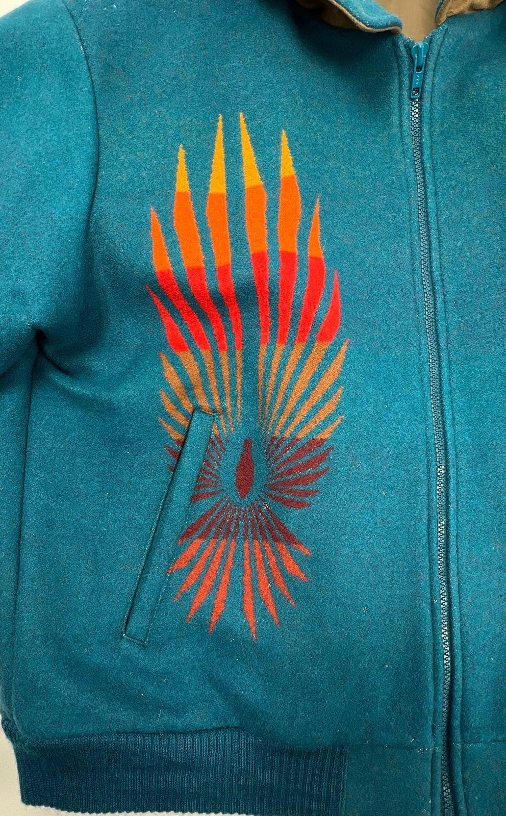 Vintage 80s Pendleton Beaver State Teal Wool Graphic Bomber Jacket