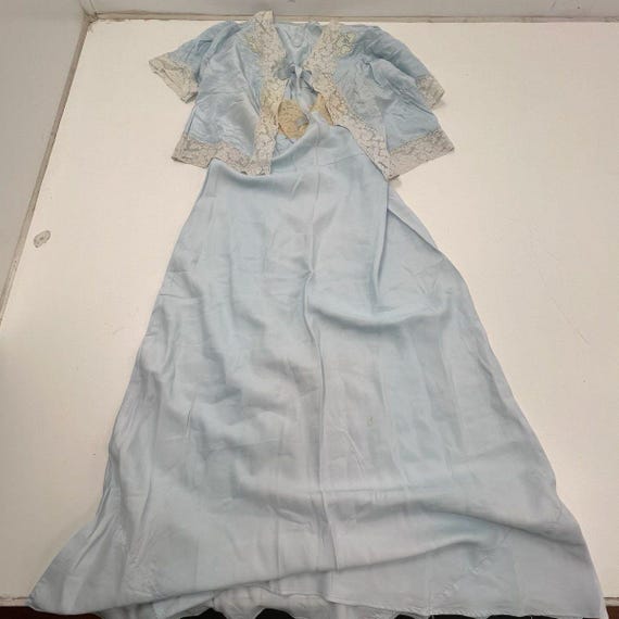 Vintage 1930s Nightgown & Bed Jacket Set Blue Lac… - image 4
