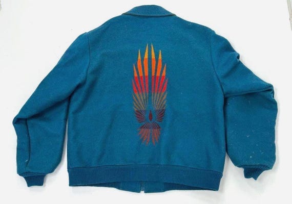 Vintage 80s Pendleton Beaver State Teal Wool Graphic Bomber Jacket