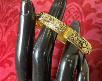 Antique Victorian Damascene Style Gold Tone Hinged Bangle Bracelet Floral Design