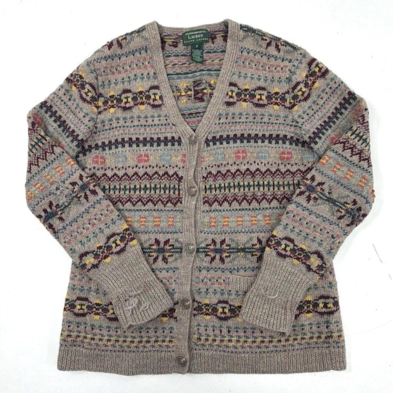 Lauren Ralph Lauren, Vintage 90s Lauren Ralph Lauren Women's Hand Knit Wool Fair Isle Cardigan Sz S