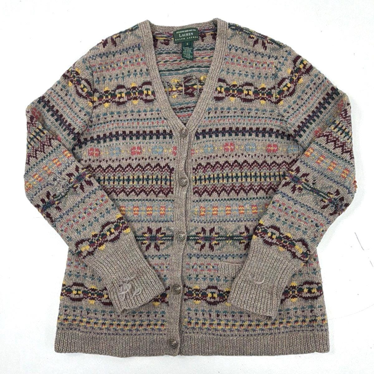 Lauren Ralph Lauren, Vintage 90s Lauren Ralph Lauren Women's Hand Knit Wool Fair Isle Cardigan Sz S