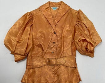 Vintage 50-tals Kerrybrooke jacquardblus med puffärm och skärp, storlek 10, tillverkad i USA