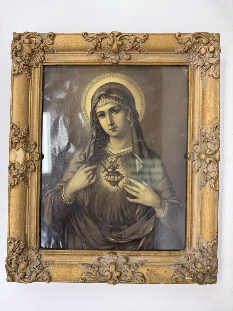 Antique Pair Jesus & Mary Sacred Heart Prints Ornate Gilt Gesso Frames ...
