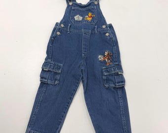 Vintage Y2K Pooh Kids' Blue Denim Overalls Tigger Embroidered Cargo Size 3T