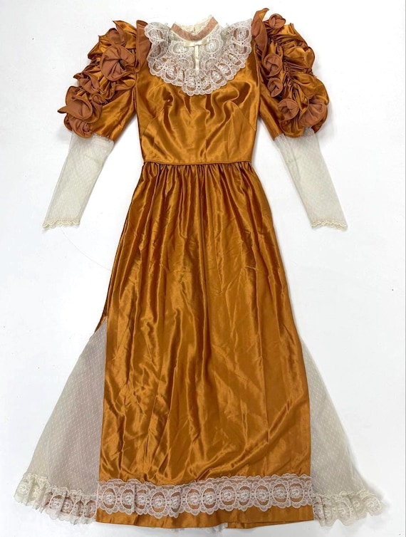 Vintage 70s Victorian Style Gold Satin Puff Sleeve Maxi Prom Dress Sz XS