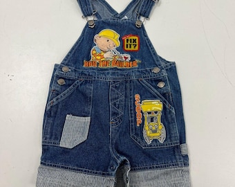 Vintage Y2K Bob the Builder Kids Denim Shortalls Overalls Scoop Blue Size 12M