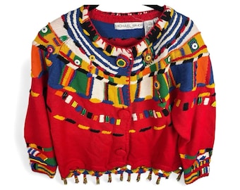 Vtg 90s Michael Simon Womens RARE Beaded Tassel Embroider Cardigan Sweater OSFA