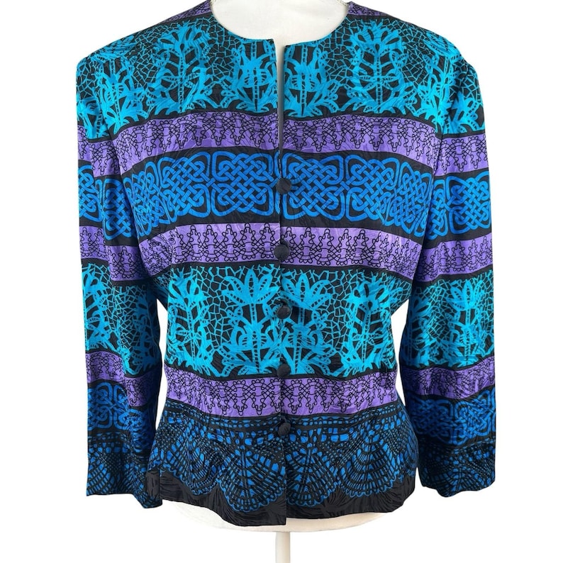 Vintage Adrianna Papell Size 12 100% Silk Black Blue Lace Print jacket image 1