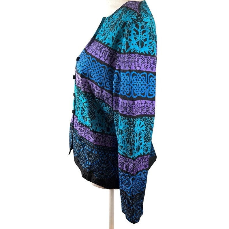 Vintage Adrianna Papell Size 12 100% Silk Black Blue Lace Print jacket image 3