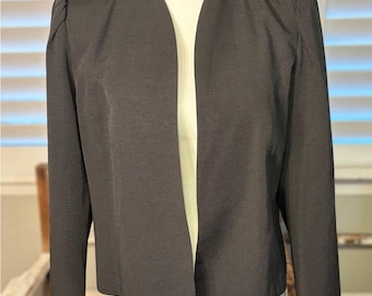 Vintage Womens Blazer Black with Structured Shoulders Open Front Short Size 14
