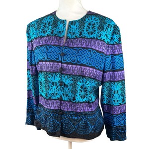 Vintage Adrianna Papell Size 12 100% Silk Black Blue Lace Print jacket image 2