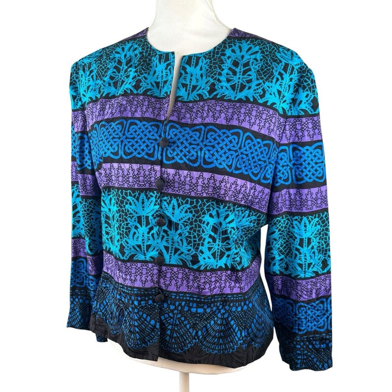 Vintage Adrianna Papell Size 12 100% Silk Black Blue Lace Print jacket image 2