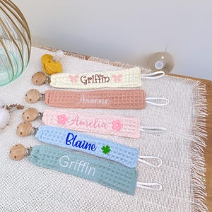Personalized pacifier clip holder, Personalized fabric pacifier clip with wooden clip,hand embroiered name,baby shower gift