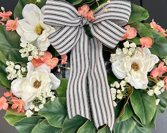 Magnolia & Coral Flower Wreath: Farmhouse Front Door Decor