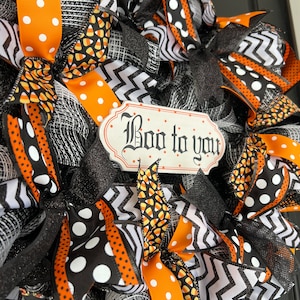 Halloween Wreath, Halloween Ribbon Wreath, Holiday Decor, Door Decor, Wreath, Orange and Black Wreath, Deco Mesh Wreath, Gifts for Her
