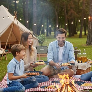 May include: A family enjoys a picnic in a park. They are seated on a red and white checkered blanket, with plates of food. A campfire is burning in the foreground. A tent and string lights are visible in the background.