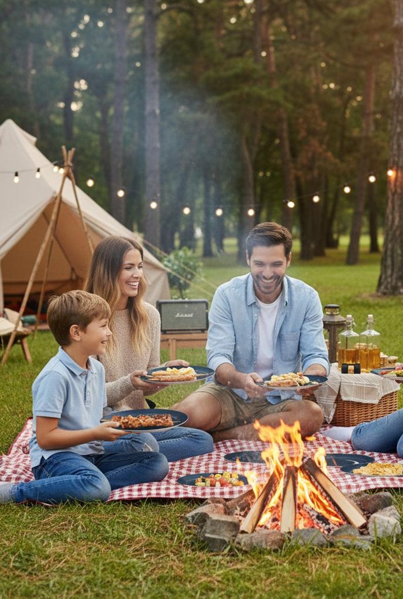 May include: A family enjoys a picnic in a park. They are seated on a red and white checkered blanket, with plates of food. A campfire is burning in the foreground. A tent and string lights are visible in the background.