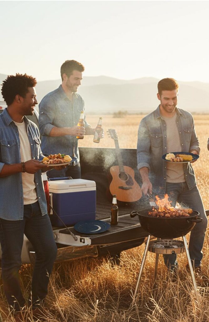 May include: Three people are enjoying a barbecue outdoors. One is grilling food on a charcoal grill, while the others hold plates of food and bottles of beer. A guitar and cooler are in the background.
