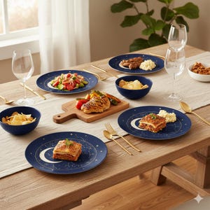 May include: A dining table set for a meal, featuring navy blue plates with a celestial design, gold cutlery, and clear wine glasses. The table is set with various dishes, including lasagna, salad, and chips.