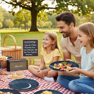 May include: A family enjoys a picnic on a red and white checkered blanket. They are using dark blue plates with a crescent moon design. The plates are filled with food. A sign reads "Simpec of 4 Plates. Microwave, Oven, Dishwasher Safe, Non-Toxic. Ready for Adventure!"