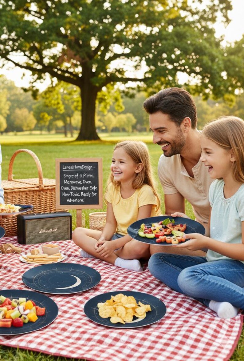 May include: A family enjoys a picnic on a red and white checkered blanket. They are using dark blue plates with a crescent moon design. The plates are filled with food. A sign reads "Simpec of 4 Plates. Microwave, Oven, Dishwasher Safe, Non-Toxic. Ready for Adventure!"