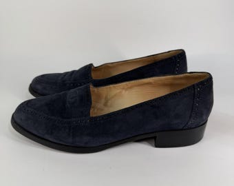 Chanel Loafers Shoes Womens 7 37 Coco CC Mark Embroidered Blue Suede Italy
