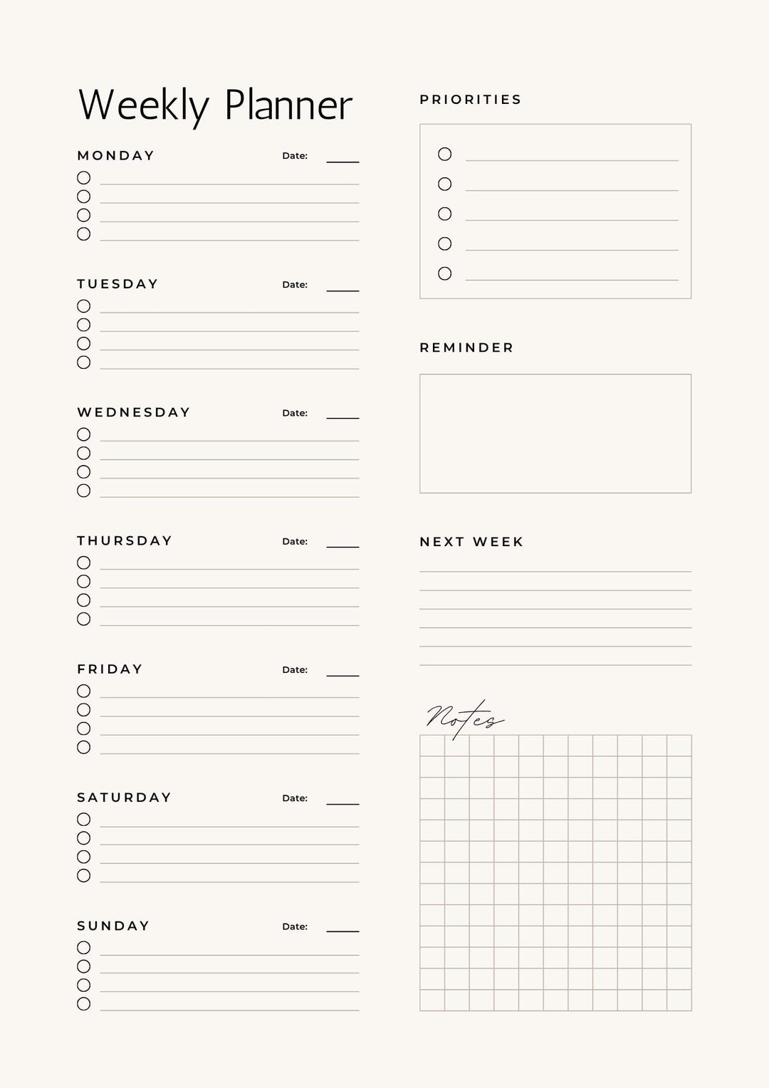 Minimalist Weekly Planner | Printable Undated Planner Pages | Digital ...