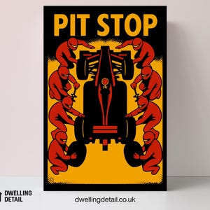Pit stop racing canvas, pop-art motorsport car and crew poster, gallery quality retro styling formula one inspired print, customisable color