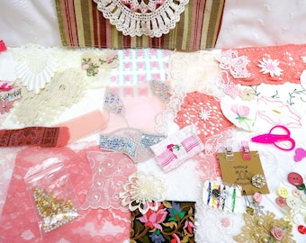 Large Pink Slow Stitch Kit: Stitch Supply Box, Vintage Embellishments