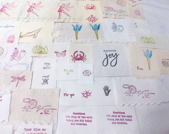 Stamped Fabric Ephemera, Words and Themes, Eighty Stamped Pieces