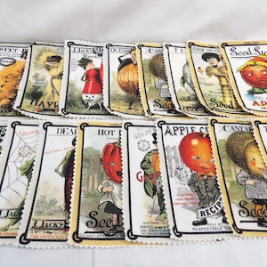 May include: A collection of vintage seed packet fabric patches with various illustrations. Each patch features a unique design, including a pumpkin, a woman, and a smiling apple. The patches have a scalloped edge and text.