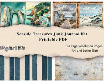 Seaside Treasures ジャンクジャーナルキット – ヴィンテージコースタル デジタルダウンロード | 印刷可能なエフェメラ、背景、スクラップブッキング用ページ