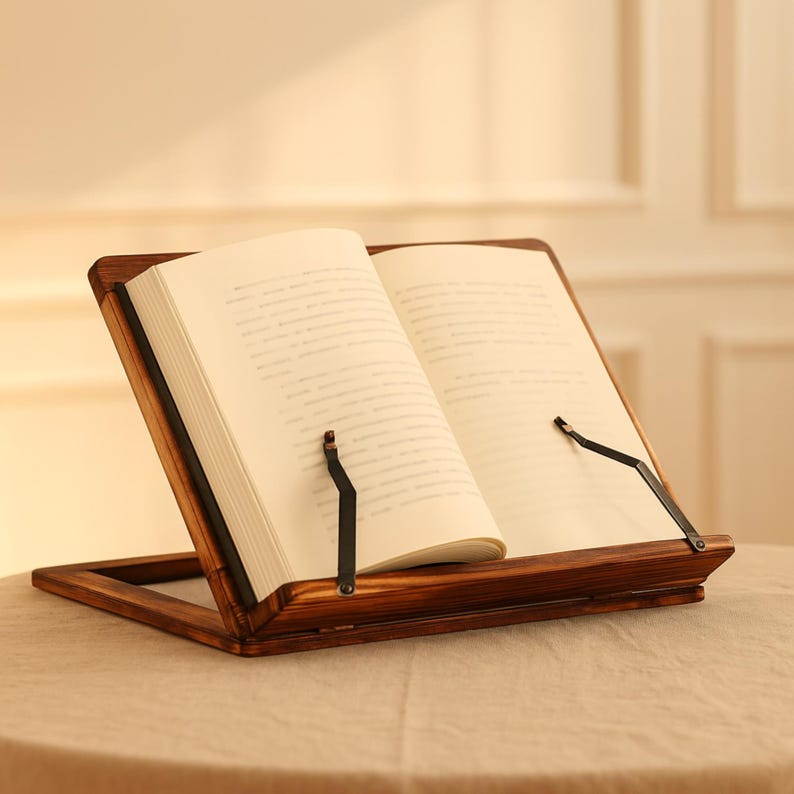 May include: A wooden book stand with an open book. The stand is made of dark brown wood and has a rectangular base. The book is open to a page of text and is held in place by two black metal supports.
