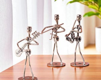 Metal Guitar Player Figurine | Musician Iron Art Sculpture | Music Lover Shelf Decor | Vintage Home Office Display Gift