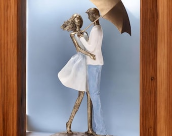 Romantic Couple Sculpture | Sepia Effect Resin Statue, Iron Umbrella Home Decor