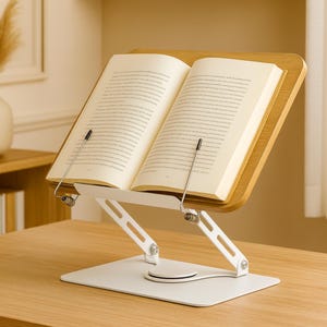 May include: A white and wood-toned adjustable book stand with an open book. The stand has a white base and angled supports, with a wooden book rest. The book is held in place by metal page holders. The stand is on a light brown surface.