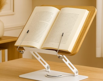 Soporte de madera ajustable 360° para libros y portátil: soporte de escritorio plegable para leer, cocinar, trabajar en la oficina, estudiar o teletrabajar.