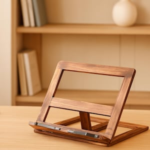 May include: A wooden book stand with a dark brown finish. The stand is angled, with a rectangular frame and a base. The stand is designed to hold a book open for reading. The stand is made of wood.