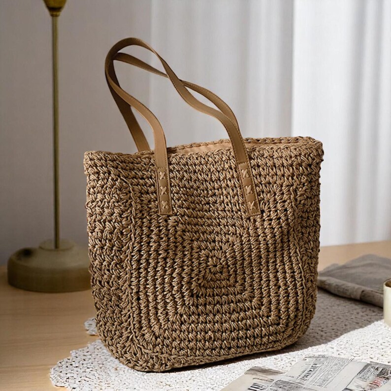 Handmade Woven Straw Beach Bag Large Capacity Travel Tote, Raffia ...