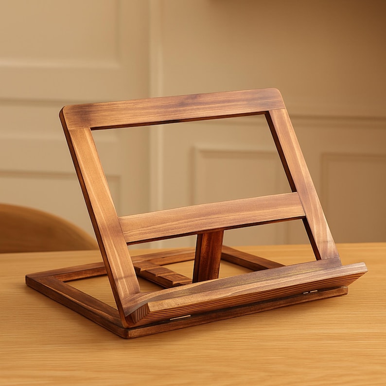 May include: A wooden book stand with a warm, brown finish. The stand is angled for easy reading and has a small ledge to hold pages. It is made of solid wood and has a simple, classic design.