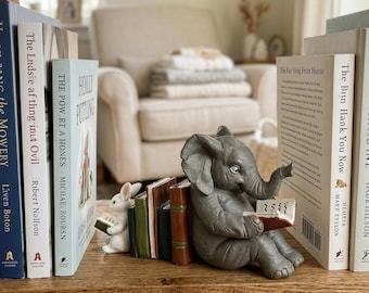 Elephant & Rabbit Reading Bookends, Resin Animal Book Ends, Nursery Bookshelf Decor, Cute Book Holder, Kids Room Bookends, Baby Shower Gift