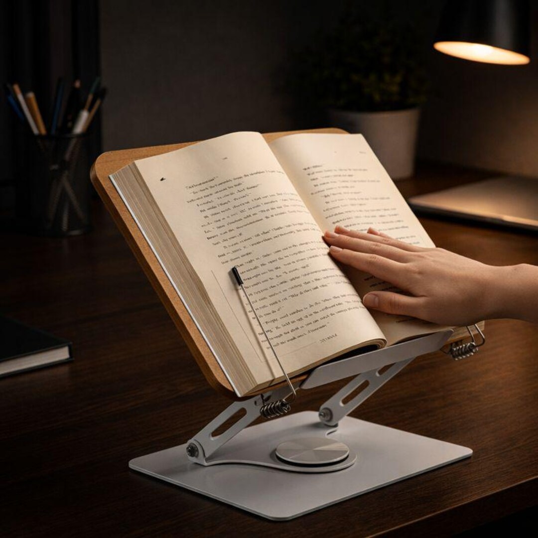 Rotating Wooden Book Stand, 360 Foldable Reading Rack With Page Clips ...