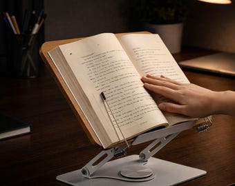 Rotating Wooden Book Stand, 360 Foldable Reading Rack with Page Clips, Adjustable Wood Laptop Holder for Desk, Premium Gift for Readers