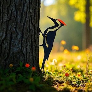 Könnte beinhalten: Schwarze Metall-Silhouette eines Spechts mit rotem Kopf, an einem Baumstamm befestigt. Der Vogel ist vor einem verschwommenen Hintergrund aus grünem Laub und Wildblumen platziert, was eine natürliche Gartendekoration ergibt.