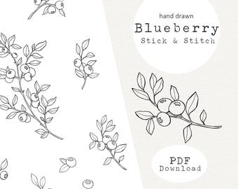 Blueberry Stick and Stitch borduurwerk PDF-patroon, handgetekende ontwerp, digitale download