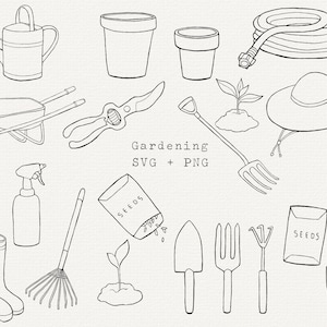 Paquete SVG de jardinería, imágenes prediseñadas de herramientas de jardinería, SVG dibujado a mano, contorno negro, arte lineal, archivo de corte para Cricut, PNG de jardinería, uso comercial