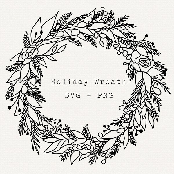 Christmas Wreath Clip Art, Holiday Wreath SVG, PNG, for Cardmaking, T-Shirt Design, Christmas Line Art, Winter Botanicals, Commercial Use