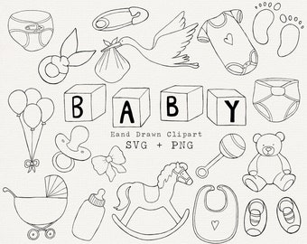 Babyparty-SVG-Bundle, Baby-Linienkunst, Cutfile für Cricut, einfache Umriss-PNG, Babygrafiken für Einladung, Ausmalen, Logo, Schwarz und Weiß